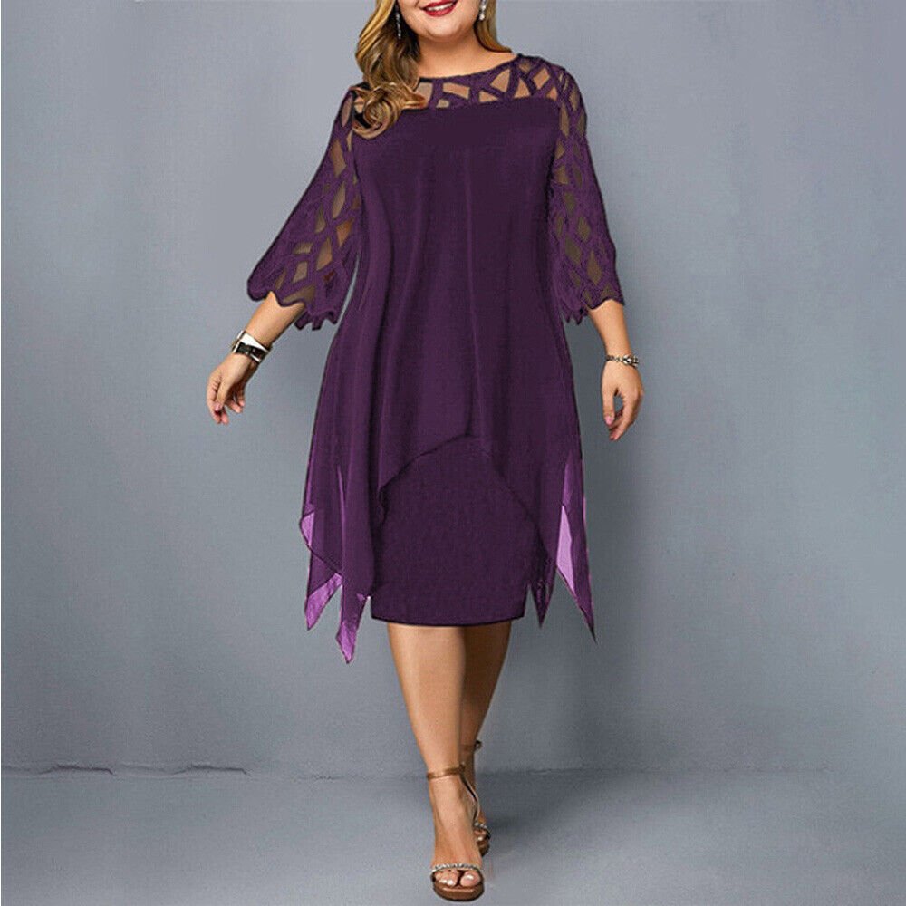 Damen Plus Size Midi Kleid mit Spitze und fließendem Schnitt - Purple