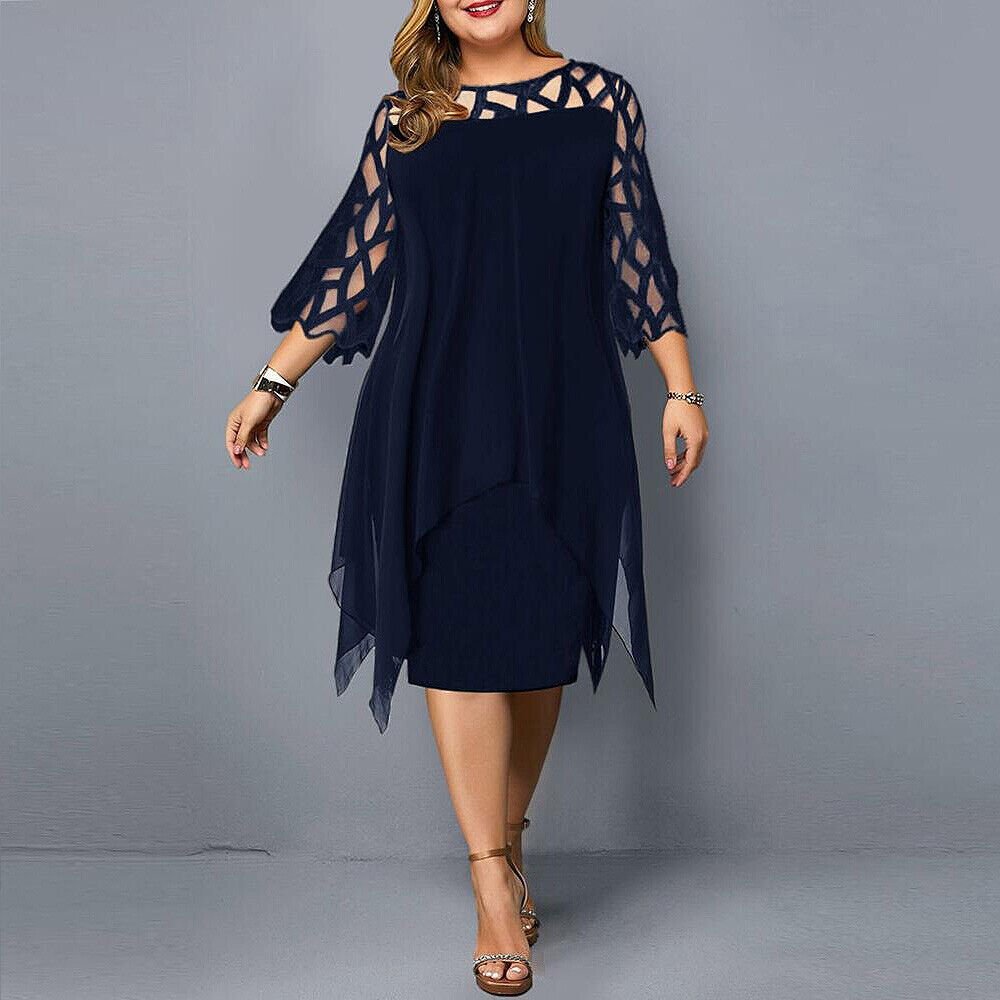 Damen Plus Size Midi Kleid mit Spitze und fließendem Schnitt - Deeep Blue