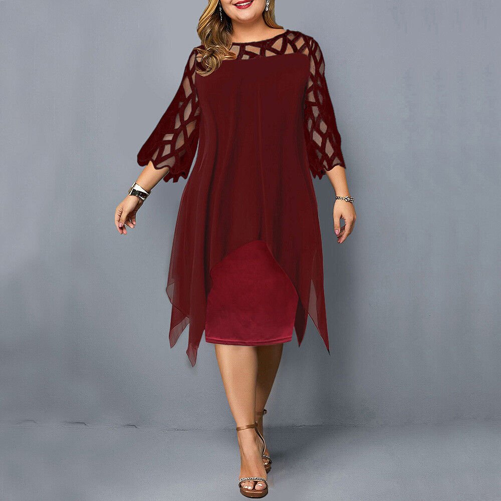 Damen Plus Size Midi Kleid mit Spitze und fließendem Schnitt - Red Wine