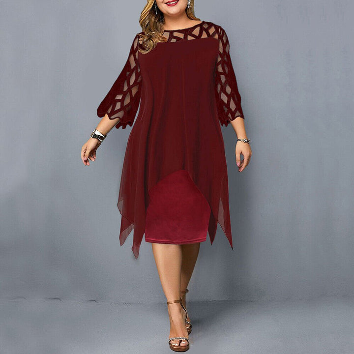Damen Plus Size Midi Kleid mit Spitze und fließendem Schnitt - Red Wine