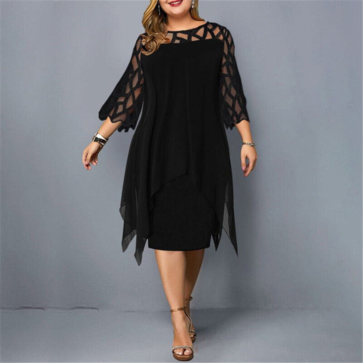 Damen Plus Size Midi Kleid mit Spitze und fließendem Schnitt - Black