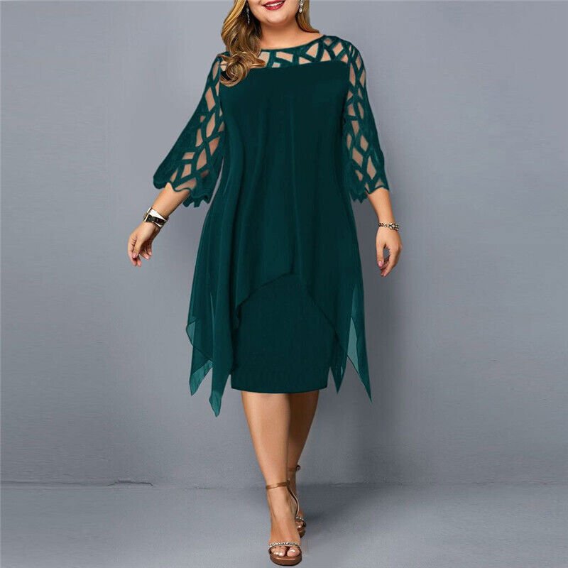Damen Plus Size Midi Kleid mit Spitze und fließendem Schnitt - Green