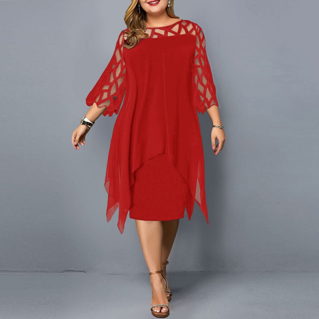 Damen Plus Size Midi Kleid mit Spitze und fließendem Schnitt - Red