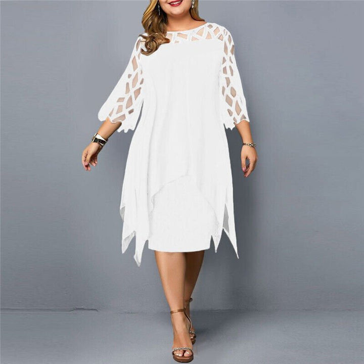 Damen Plus Size Midi Kleid mit Spitze und fließendem Schnitt - White