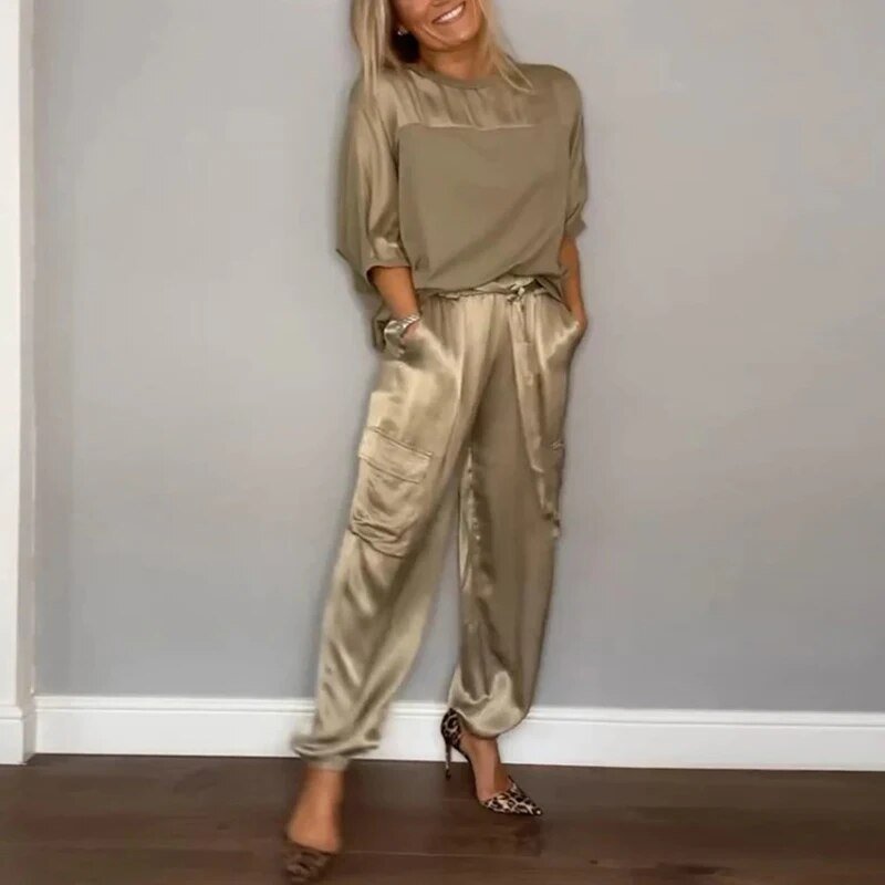 Damen Plus Size Zweiteiler Set Utility Hose mit Taschen - Gold