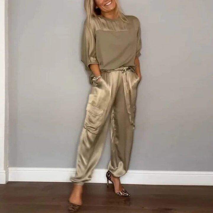 Damen Plus Size Zweiteiler Set Utility Hose mit Taschen - Gold