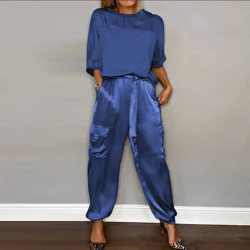 Damen Plus Size Zweiteiler Set Utility Hose mit Taschen - Blue