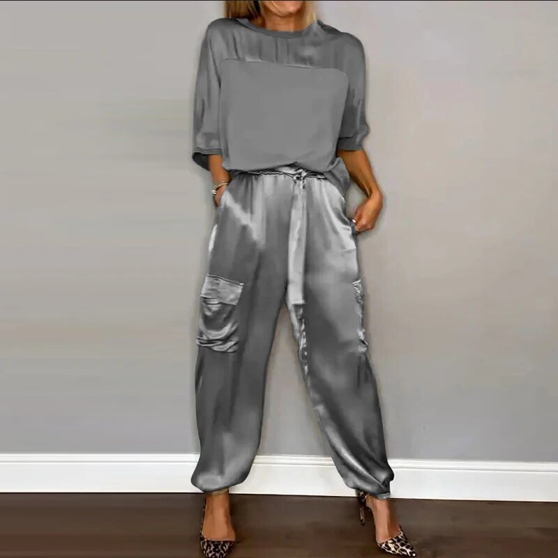 Damen Plus Size Zweiteiler Set Utility Hose mit Taschen - Grey