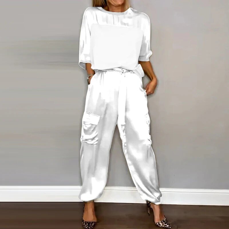 Damen Plus Size Zweiteiler Set Utility Hose mit Taschen - White