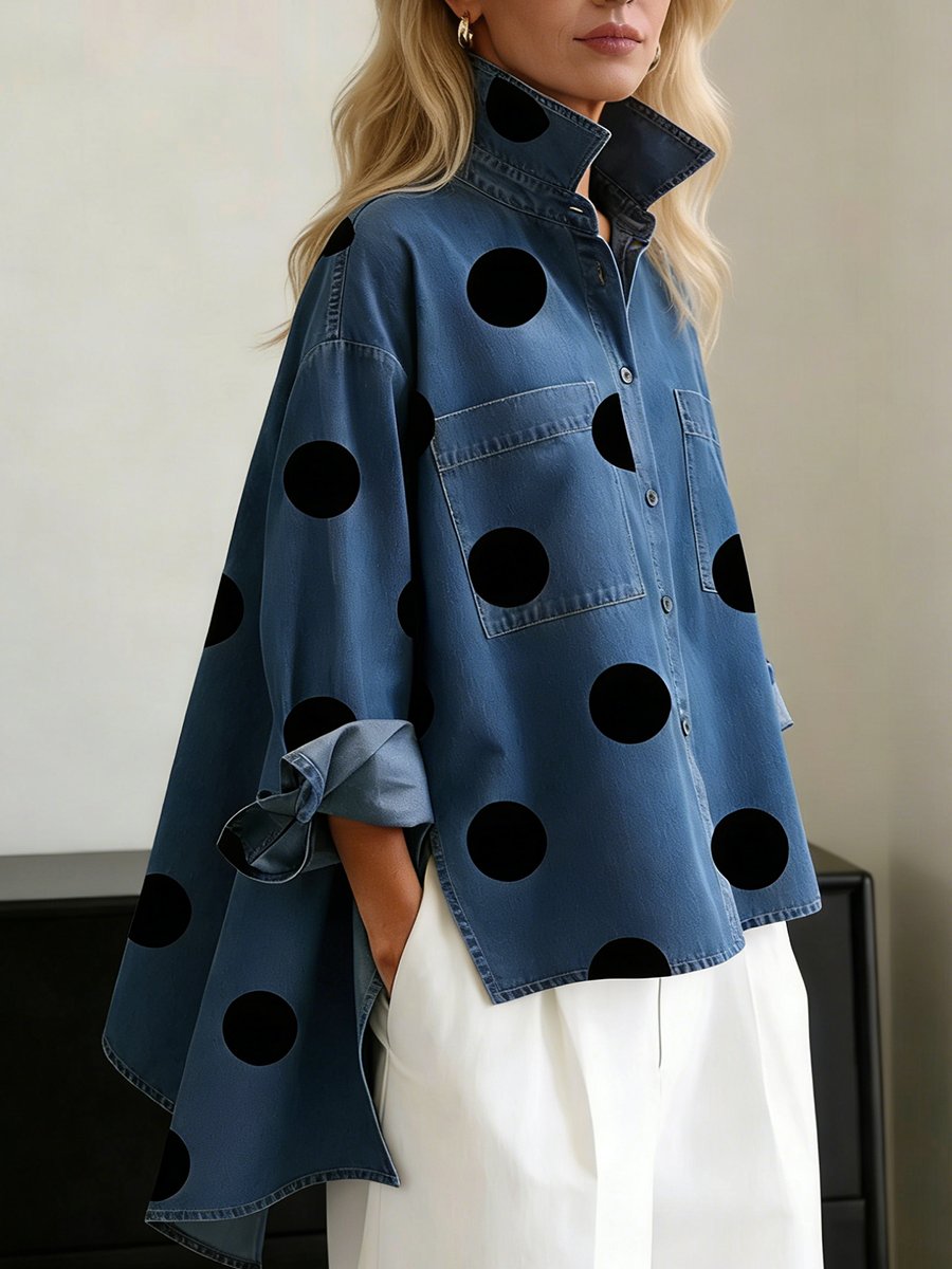 Damen Polka Dot Oversized Langarm Hemdbluse - Blue