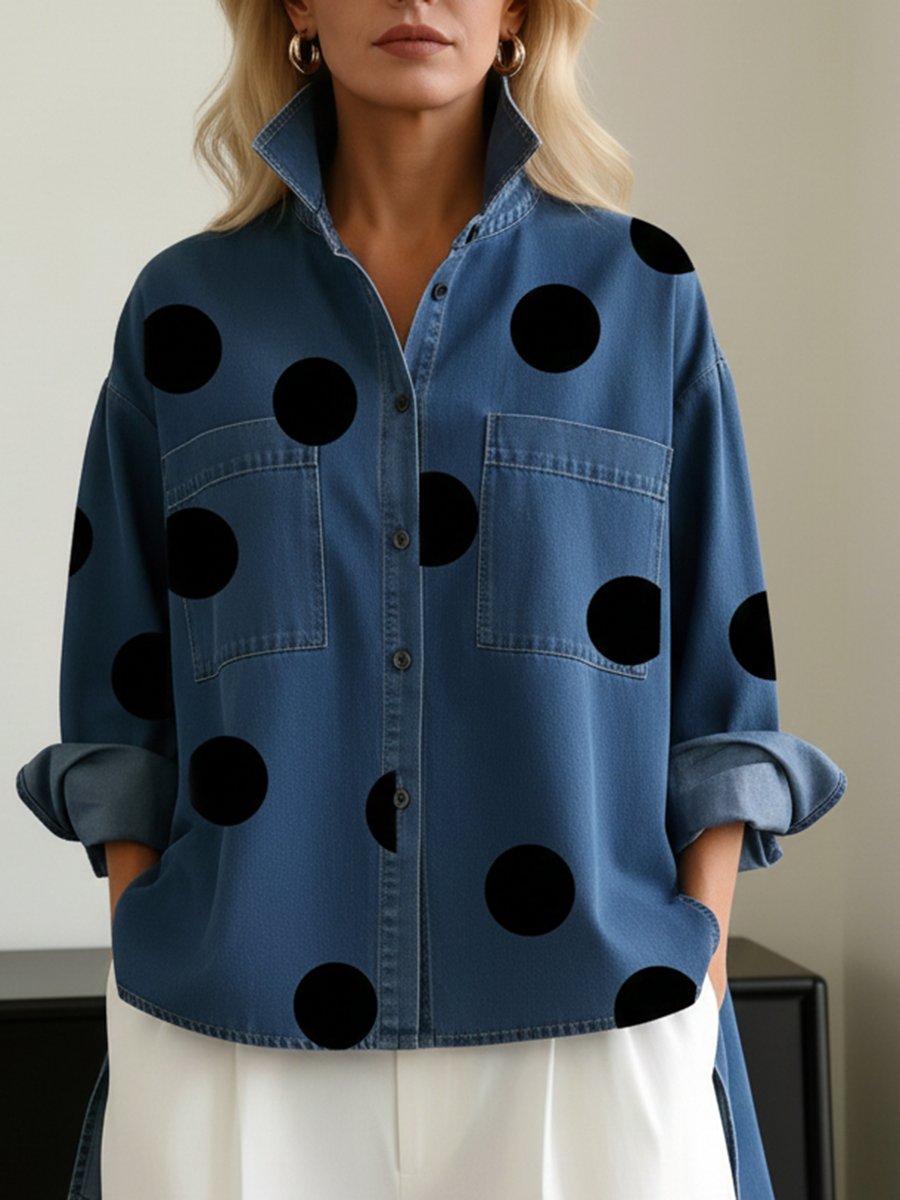 Damen Polka Dot Oversized Langarm Hemdbluse