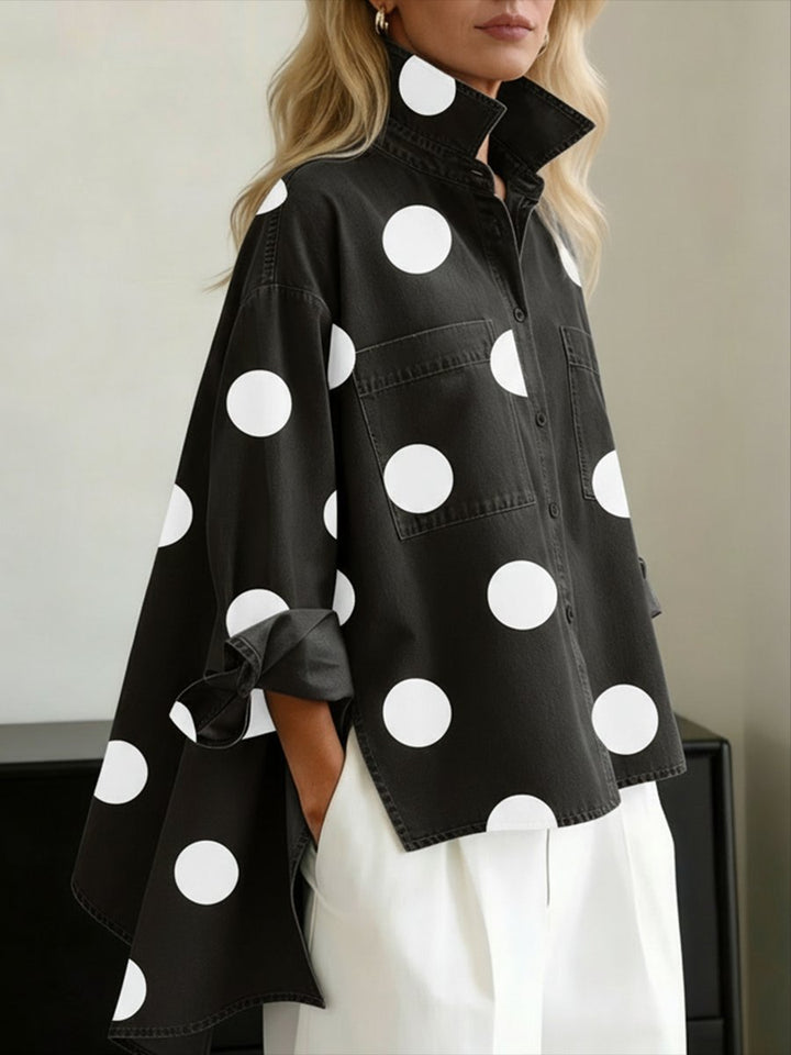 Damen Polka Dot Oversized Langarm Hemdbluse - Black