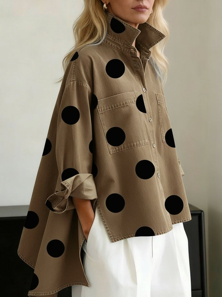 Damen Polka Dot Oversized Langarm Hemdbluse - Khaki