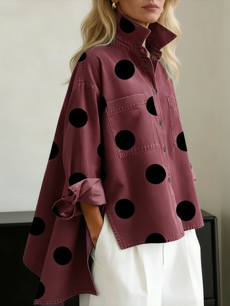 Damen Polka Dot Oversized Langarm Hemdbluse - Red