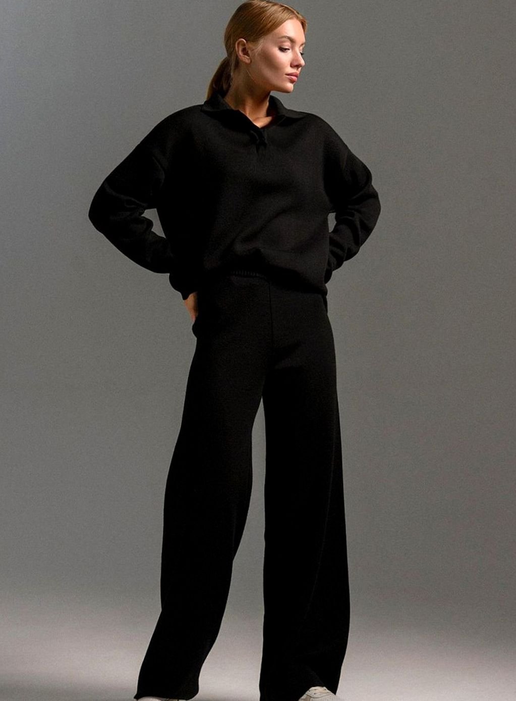 Damen Polopullover und Weitbein-Hosen-Set Locker Geschnitten Zweiteilig - Schwarz
