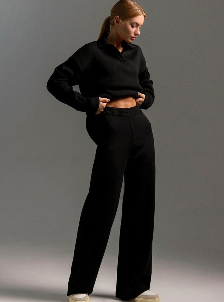 Damen Polopullover und Weitbein-Hosen-Set Locker Geschnitten Zweiteilig