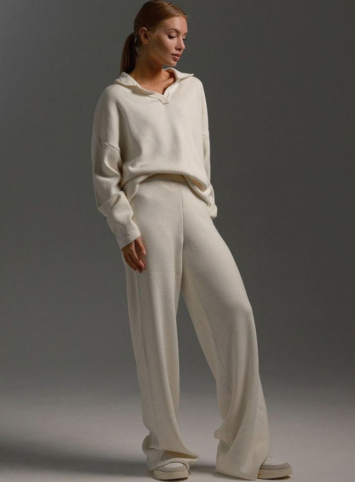 Damen Polopullover und Weitbein-Hosen-Set Locker Geschnitten Zweiteilig
