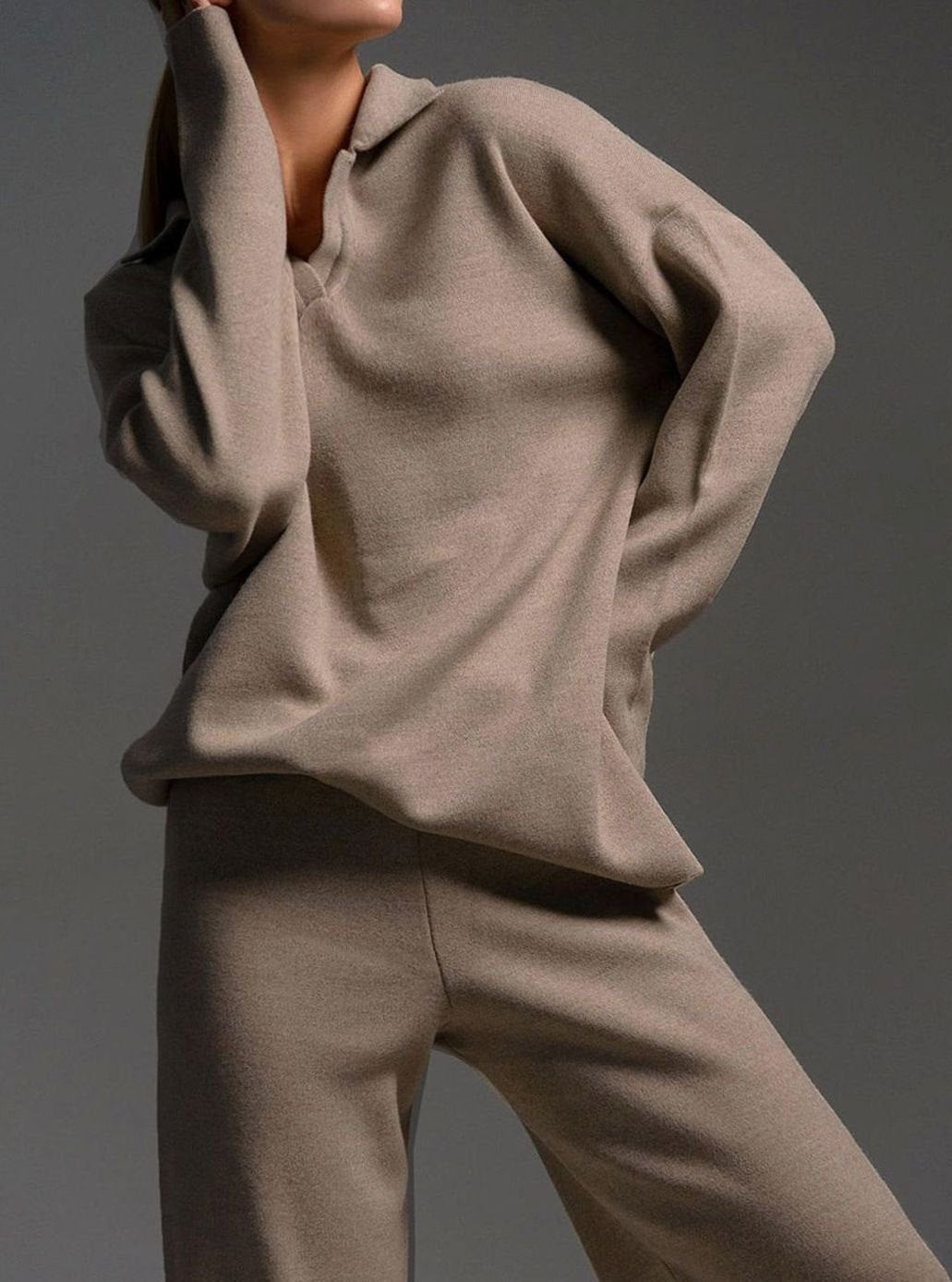 Damen Polopullover und Weitbein-Hosen-Set Locker Geschnitten Zweiteilig