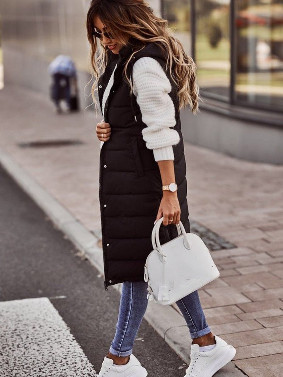 Damen Puffer Vest Knielange Steppweste mit Kapuze Ärmellos