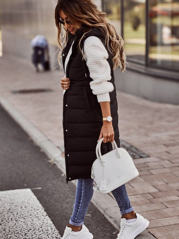 Damen Puffer Vest Knielange Steppweste mit Kapuze Ärmellos