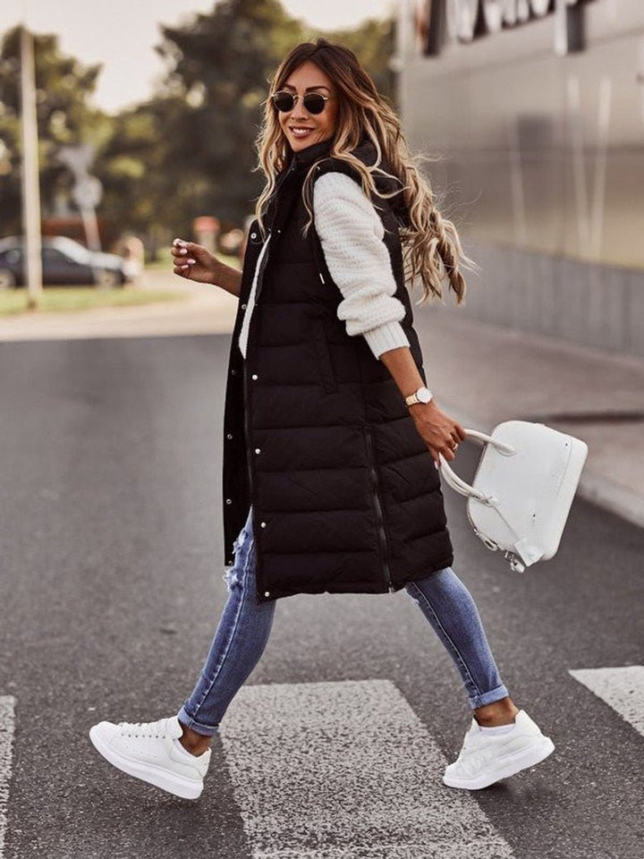 Damen Puffer Vest Knielange Steppweste mit Kapuze Ärmellos