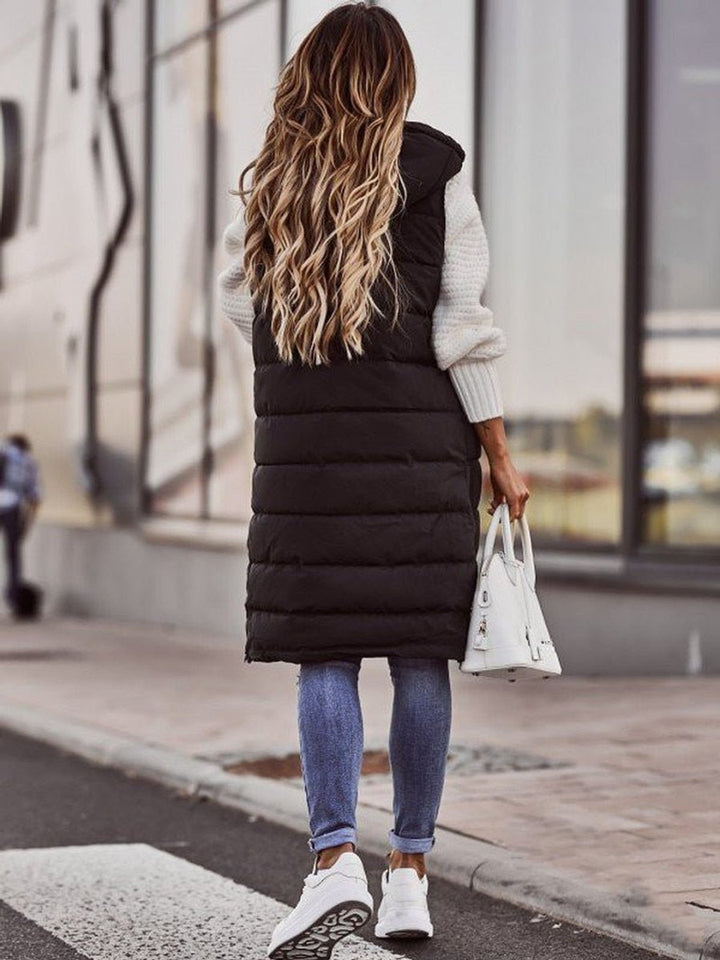 Damen Puffer Vest Knielange Steppweste mit Kapuze Ärmellos