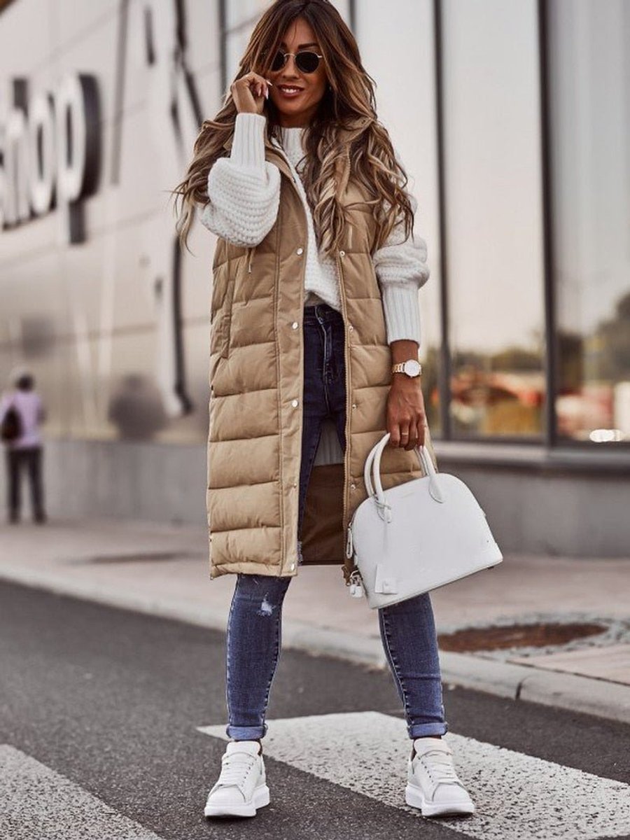 Damen Puffer Vest Knielange Steppweste mit Kapuze Ärmellos - Beige
