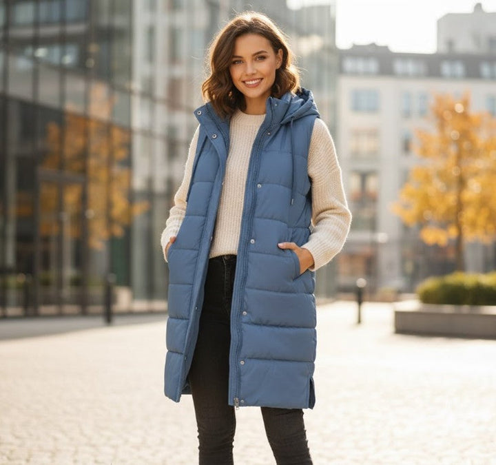 Damen Puffer Vest Knielange Steppweste mit Kapuze Ärmellos - Blau