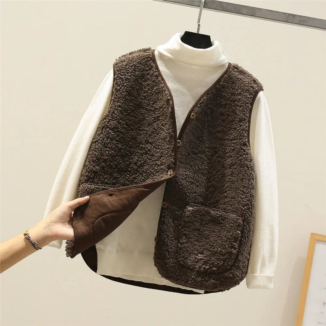 Damen Puffer Vest Women Teddyfleece Steppweste mit Knöpfen - Braun