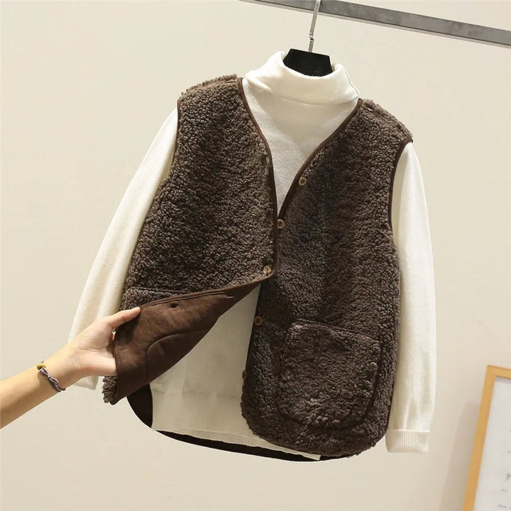 Damen Puffer Vest Women Teddyfleece Steppweste mit Knöpfen - Braun