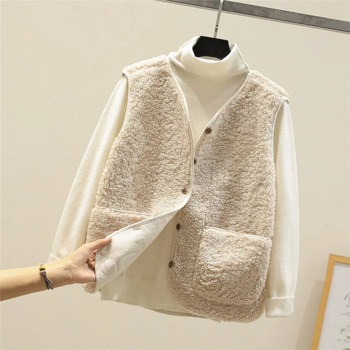 Damen Puffer Vest Women Teddyfleece Steppweste mit Knöpfen - Beige