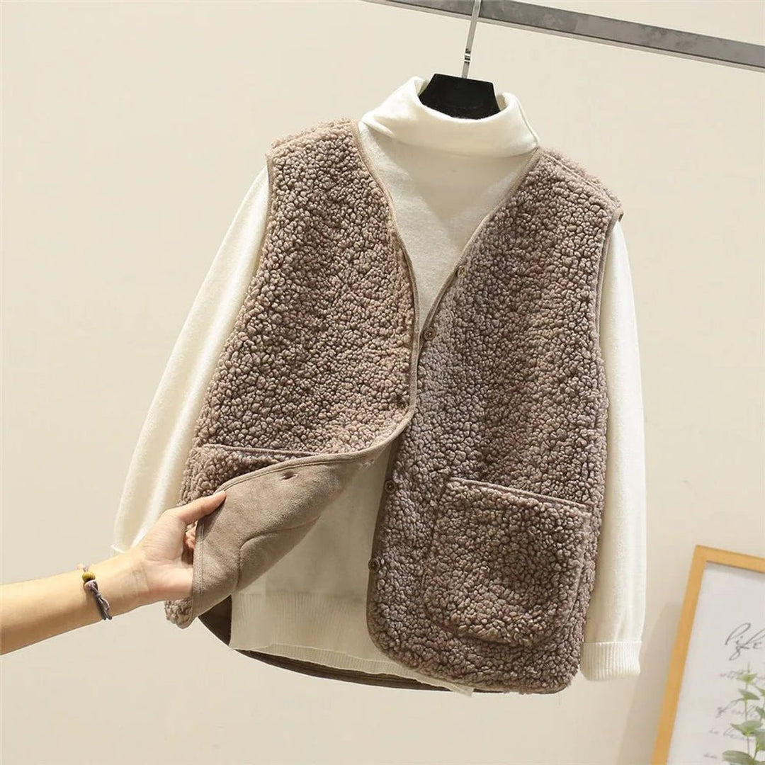 Damen Puffer Vest Women Teddyfleece Steppweste mit Knöpfen - Khaki