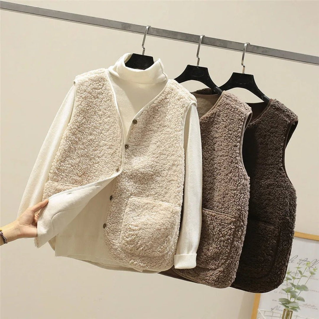 Damen Puffer Vest Women Teddyfleece Steppweste mit Knöpfen