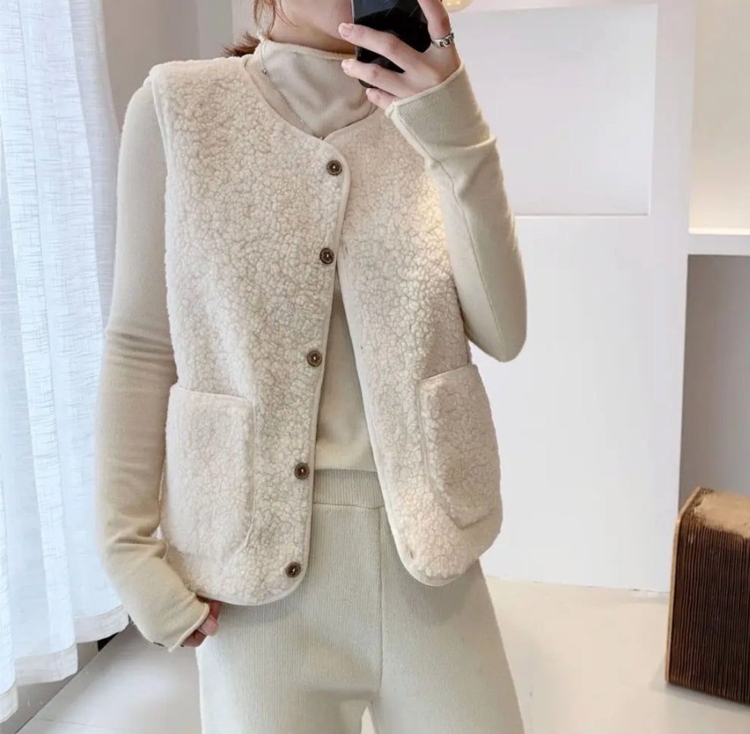 Damen Puffer Vest Women Teddyfleece Steppweste mit Knöpfen