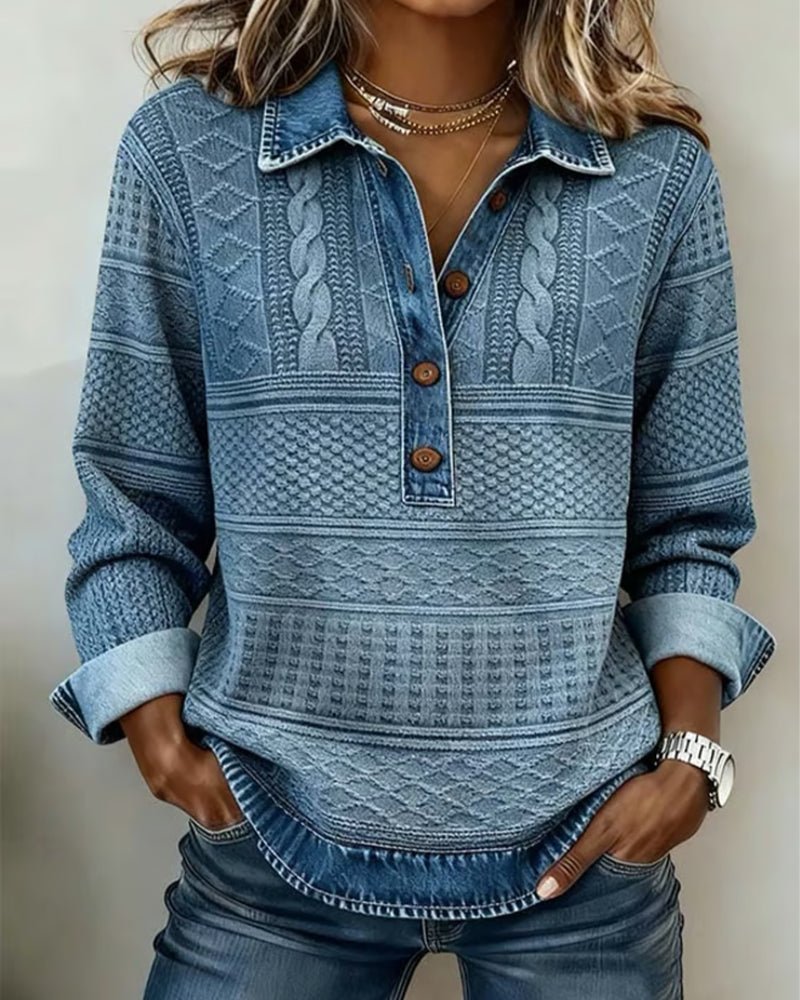 Damen Pullover Denim-Optik Knöpfe Langarm Gemustert - Blue