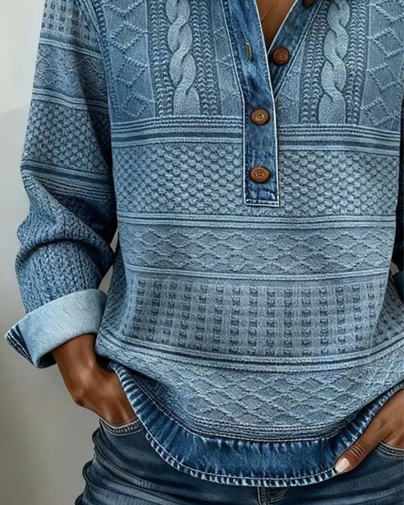 Damen Pullover Denim-Optik Knöpfe Langarm Gemustert