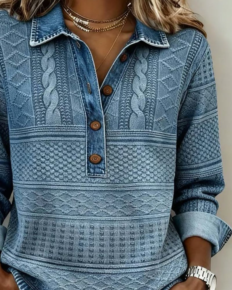 Damen Pullover Denim-Optik Knöpfe Langarm Gemustert