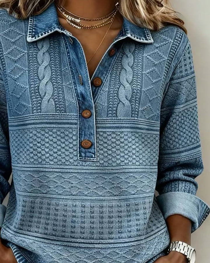 Damen Pullover Denim-Optik Knöpfe Langarm Gemustert