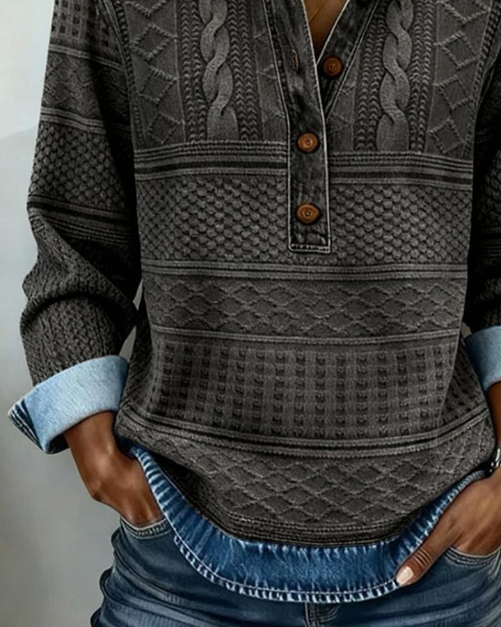 Damen Pullover Denim-Optik Knöpfe Langarm Gemustert