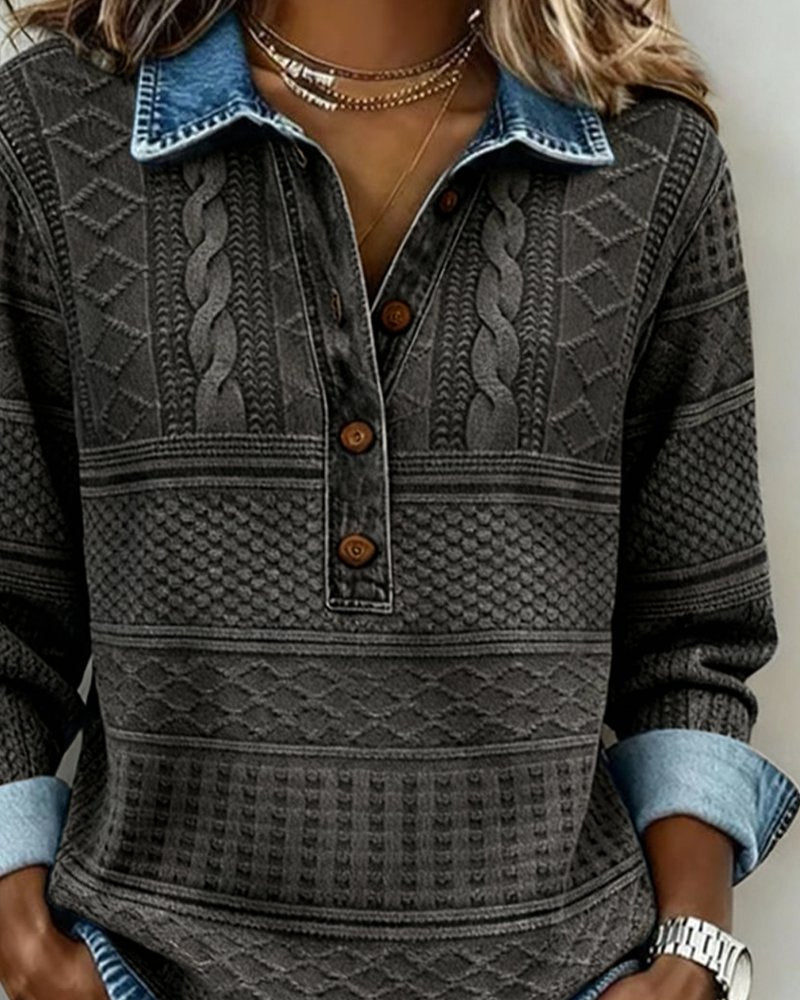 Damen Pullover Denim-Optik Knöpfe Langarm Gemustert