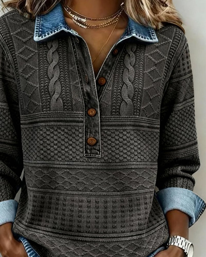 Damen Pullover Denim-Optik Knöpfe Langarm Gemustert