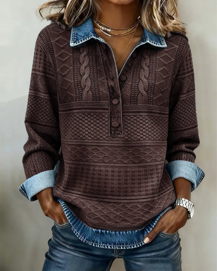 Damen Pullover Denim-Optik Knöpfe Langarm Gemustert - Coffee