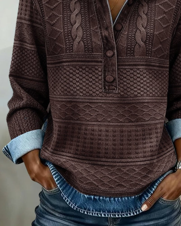 Damen Pullover Denim-Optik Knöpfe Langarm Gemustert