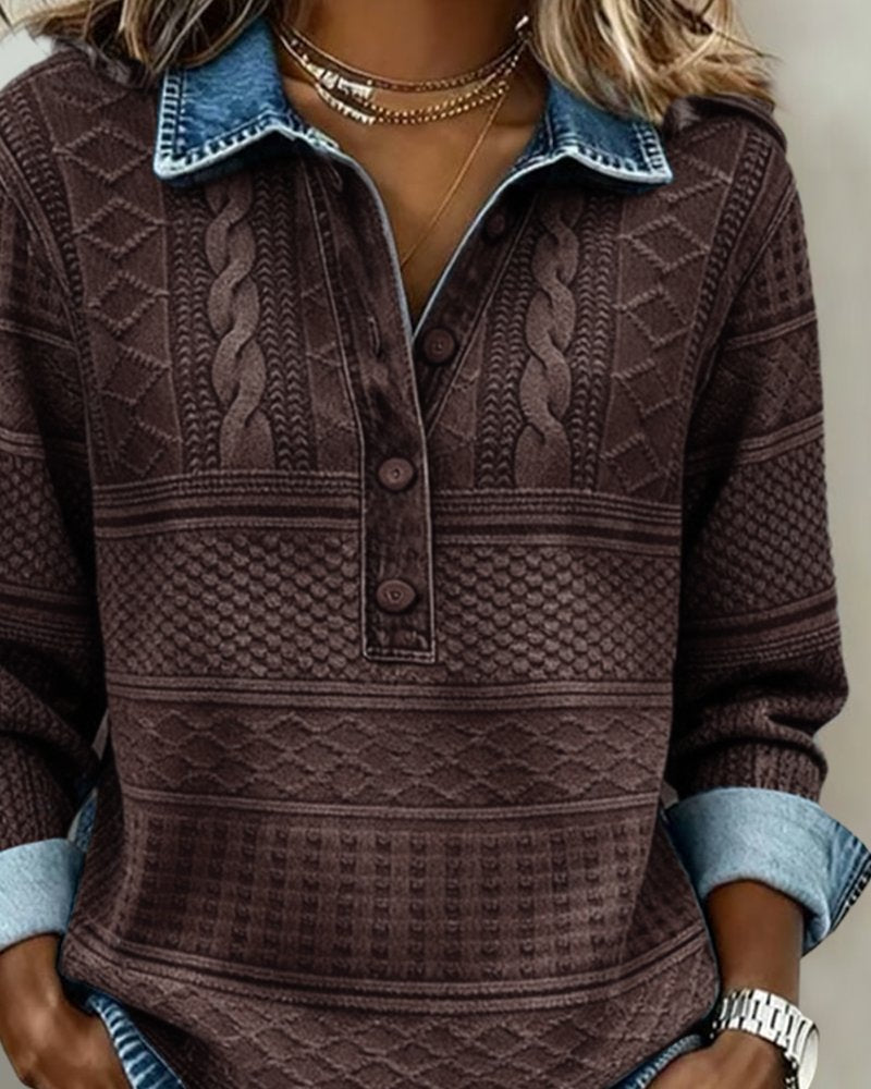 Damen Pullover Denim-Optik Knöpfe Langarm Gemustert