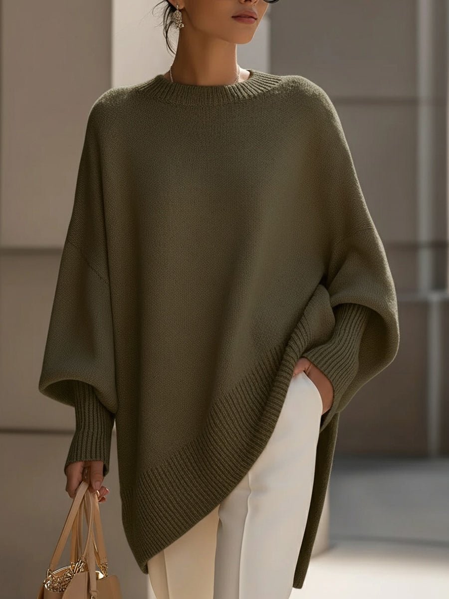 Damen Pullover Oversized Asymmetrisch Baumwolle Acryl - Olive Green