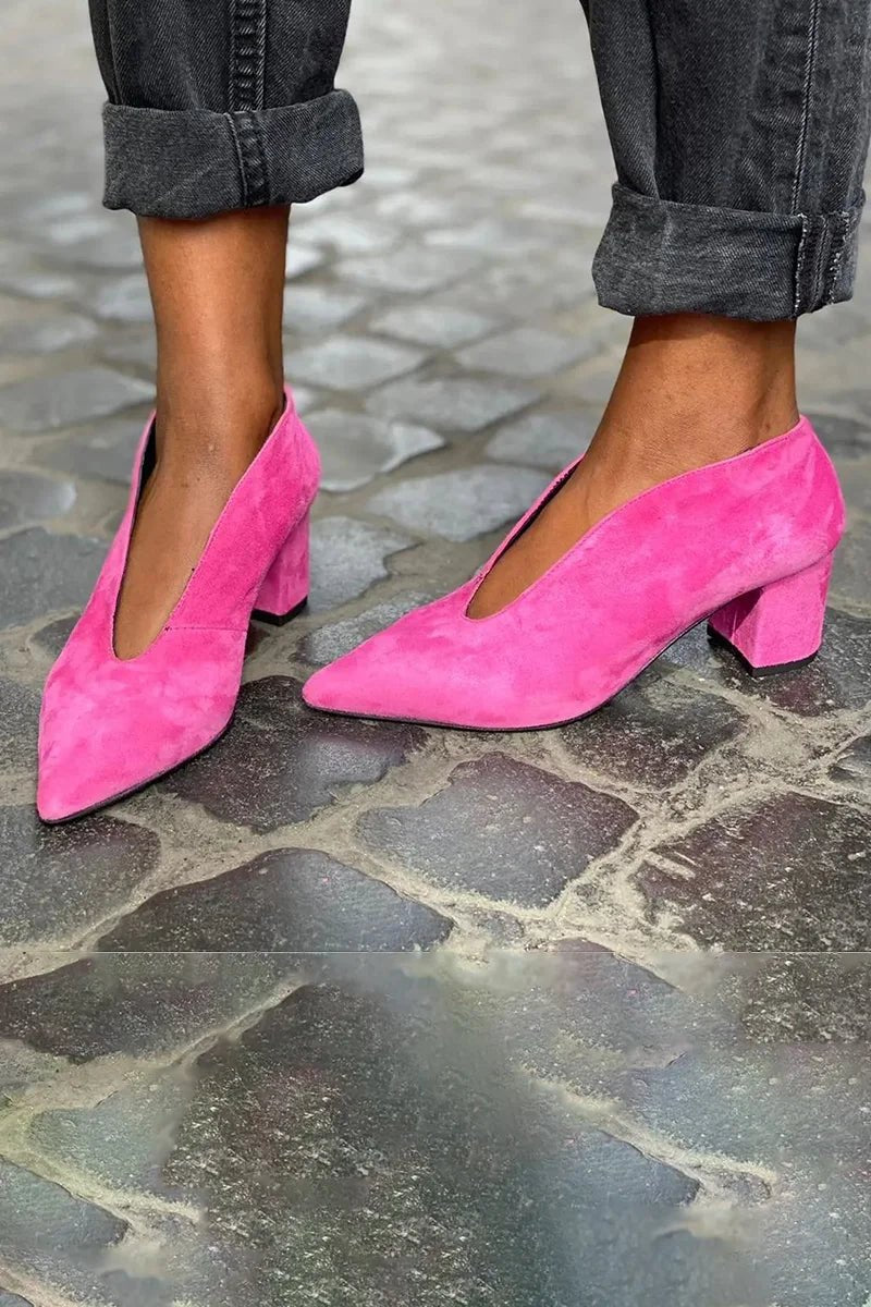 Damen Pumps Blockabsatz Spitze Zehe Elegant Business - Fuchsia