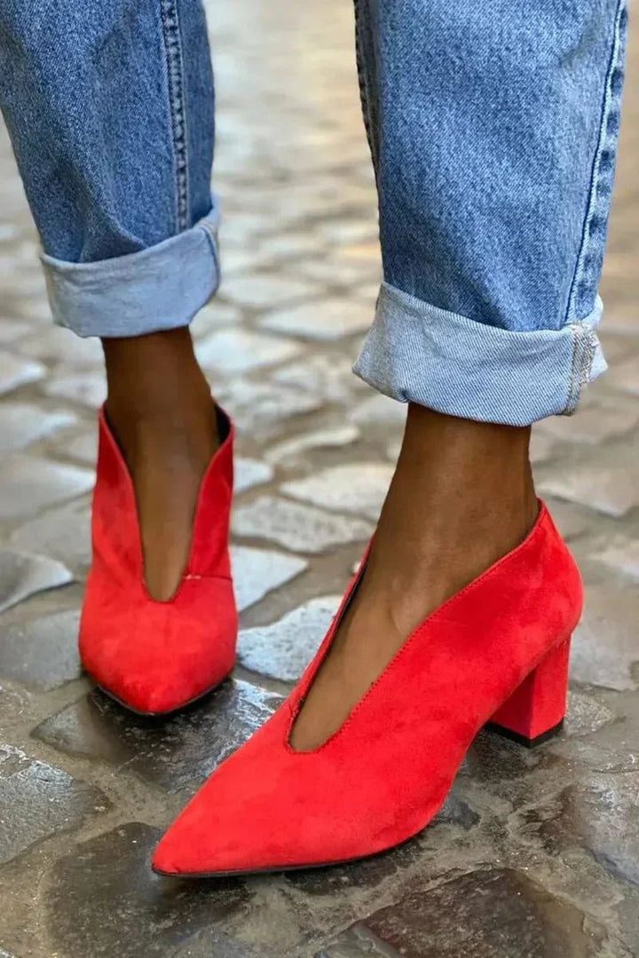 Damen Pumps Blockabsatz Spitze Zehe Elegant Business - Red