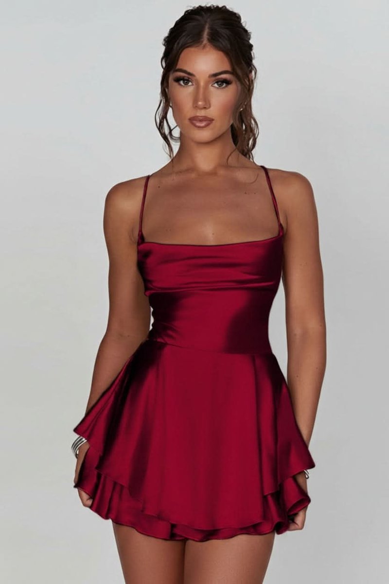 Damen Rückenfreies Minikleid Geraffter Taille Satin Cocktailkleid - Ziegelrot