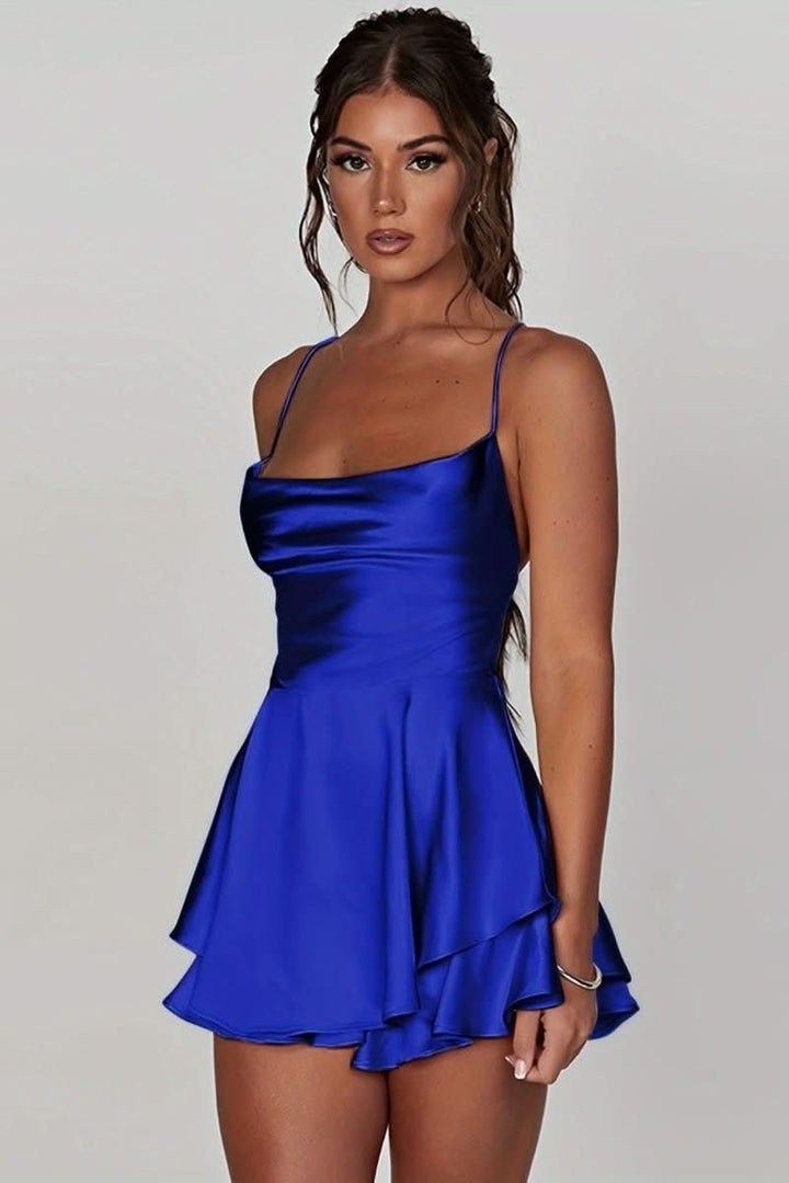 Damen Rückenfreies Minikleid Geraffter Taille Satin Cocktailkleid - Königsblau