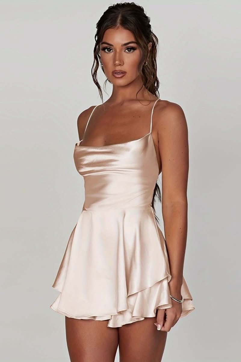 Damen Rückenfreies Minikleid Geraffter Taille Satin Cocktailkleid - Milchweiß